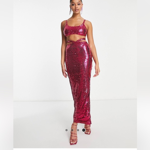 Simmi London pink sparkle skirt two piece set with crop top tank top - Picture 1 of 4